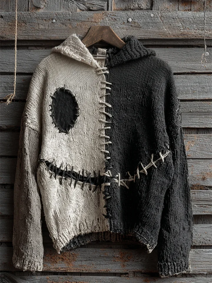 Halloween Spooky Face Contrast Stitched Hooded Cozy Knit Top