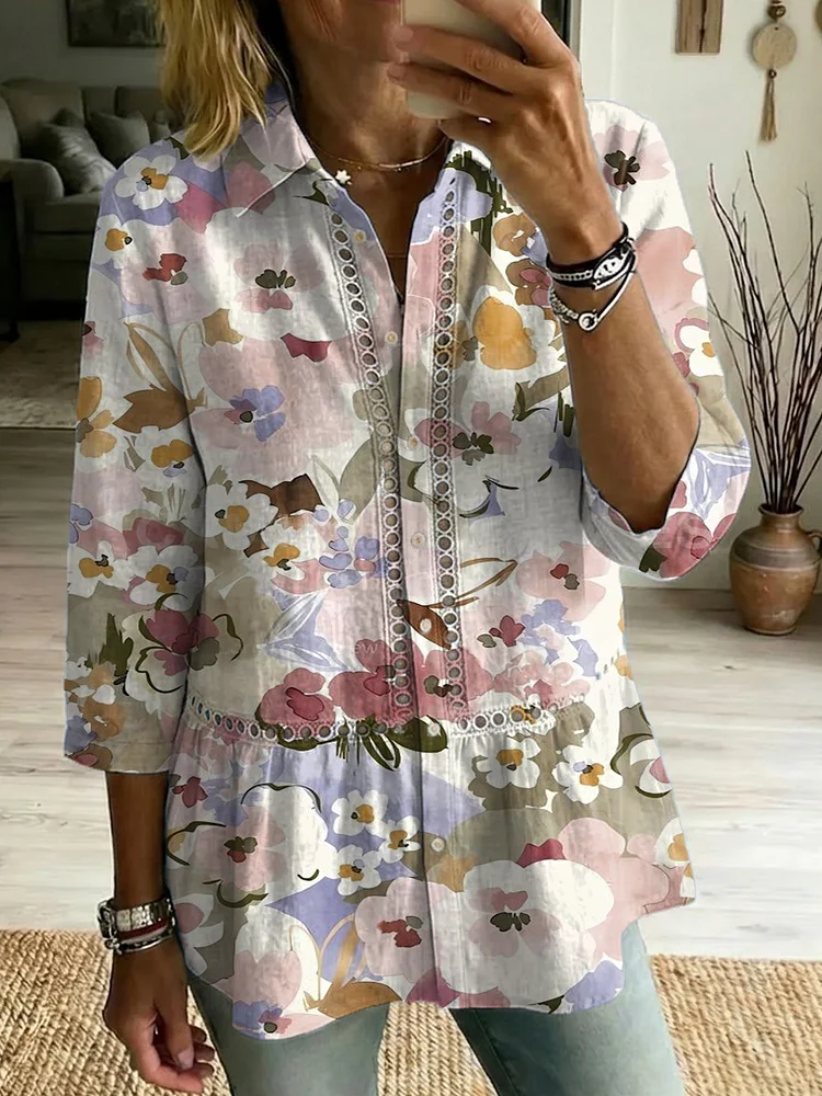 Casual Cotton-linen Shirt With Floral Art Patterns, Splicing, And Openwork Webbing Trim