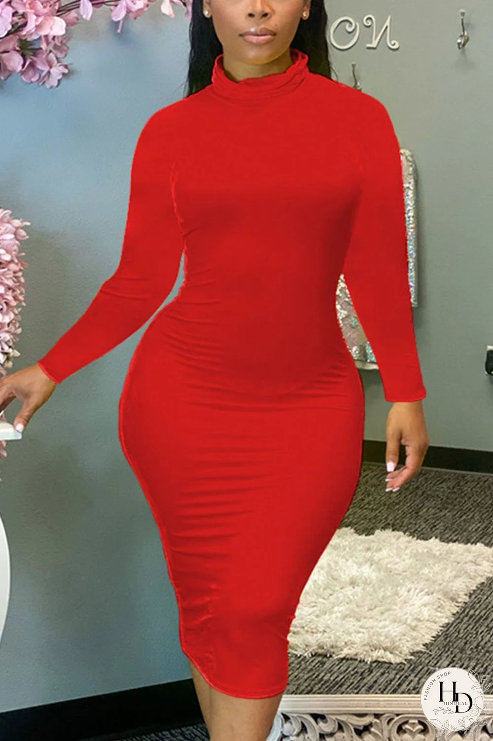 Red Sexy Solid Patchwork O Neck Pencil Skirt Dresses