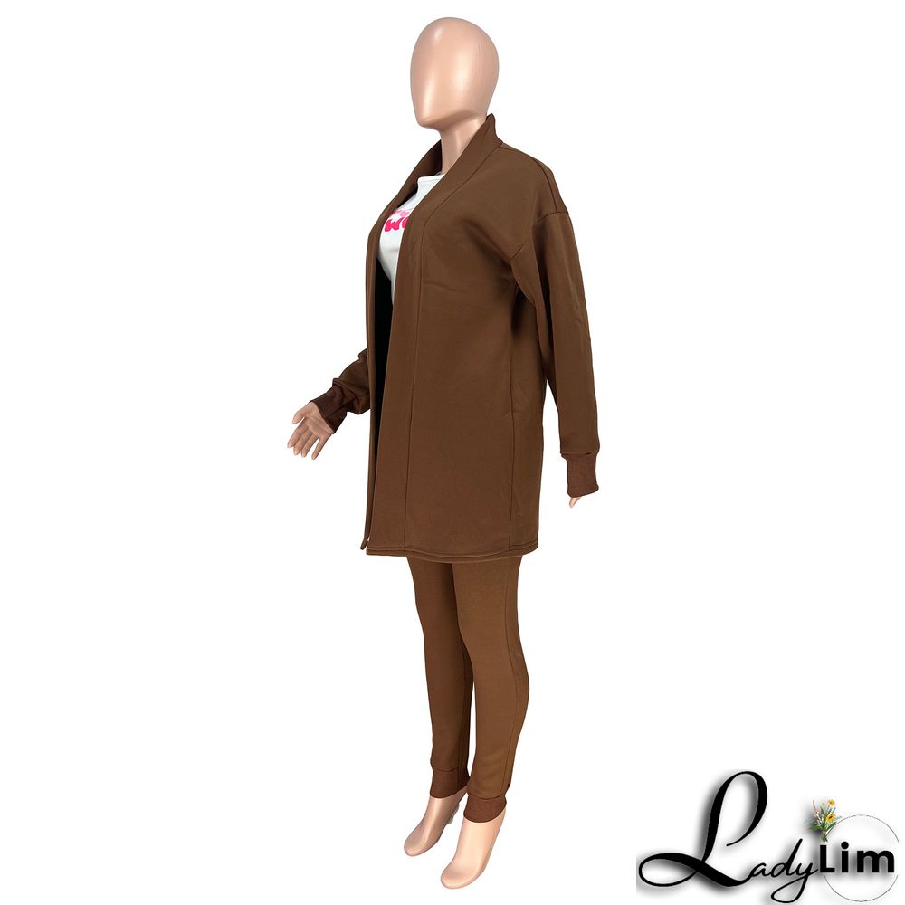 Women's Fashion Solid Fleece Cardigan Coat Pants Two-Piece Set