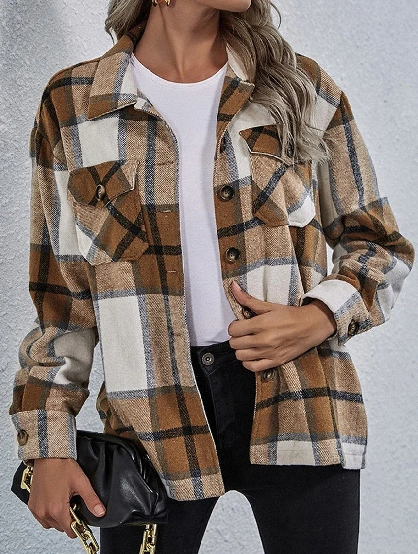 Fall/Winter Woolen Lapel Loose Women's Plaid Jacket | IFYHOME