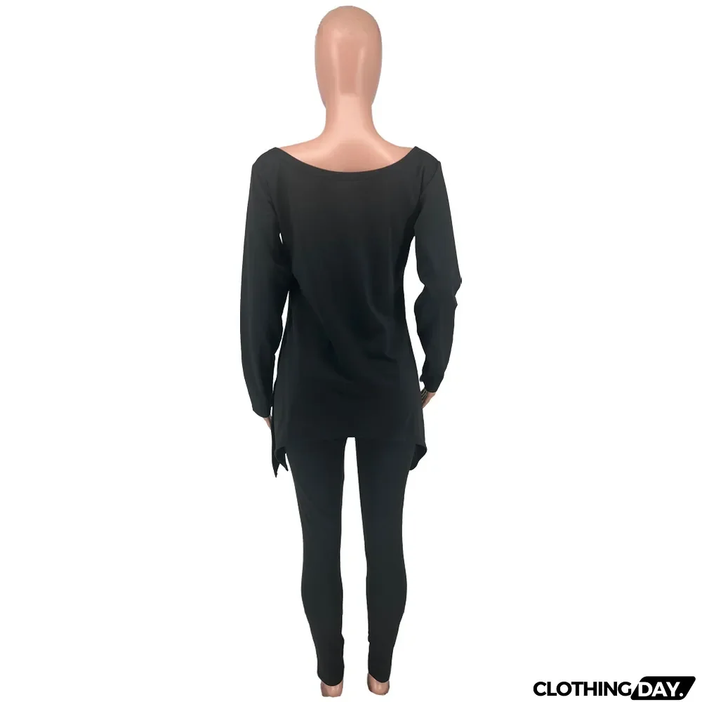 Plus Size Letter Print Long Sleeve Two Piece Pants Set