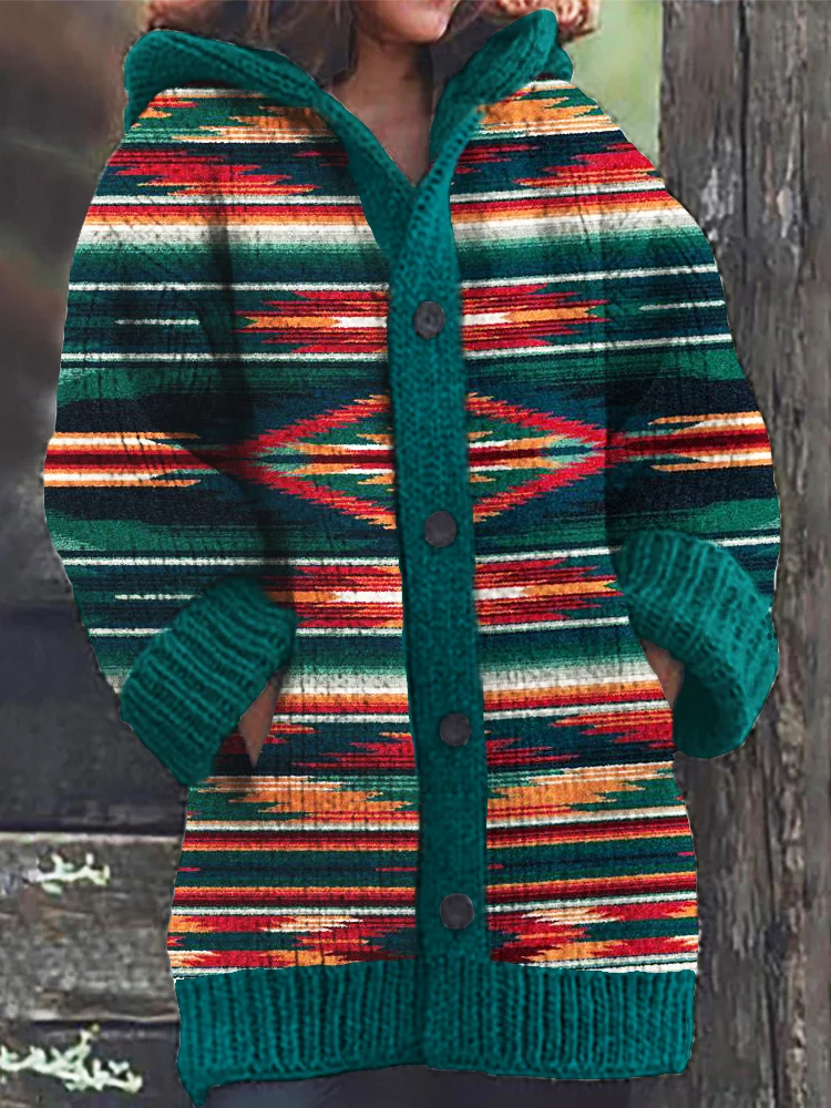 VChics Western Stripe Pattern Hooded Cardigan