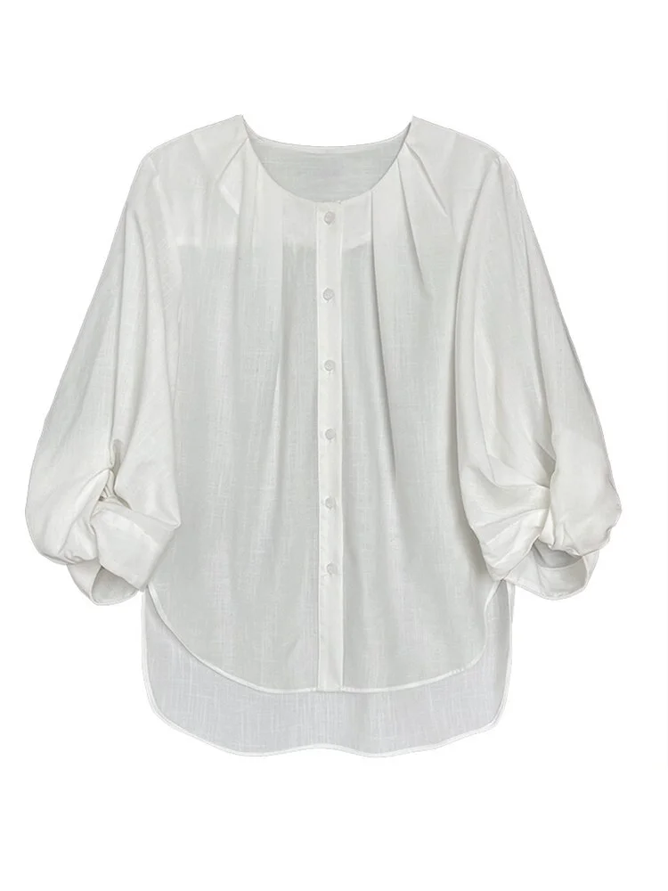 Elegant Solid Color O-neck Pleated Three-quarter Folds Lantern Sleeve Shirt           