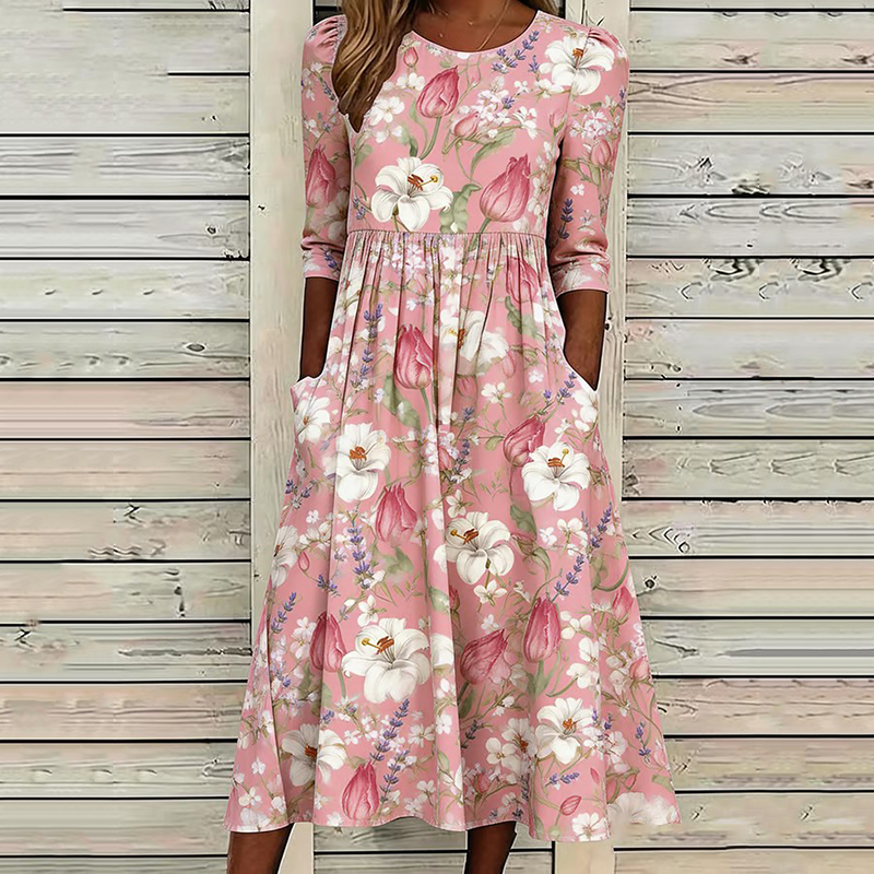 Comstylish Women's Vintage Floral Art Print Cotton Linen Maxi Dress