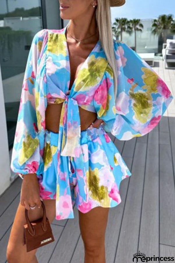 Floral Printed Balloon Sleeve V Neck Shirt Elastic Waist Straight Leg Shorts Set