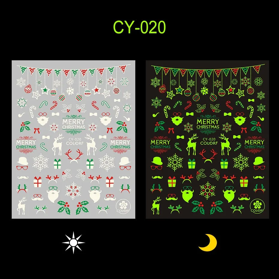 Merry Christmas Luminous SnowFlake Nail Stickers Fluorescent Xmas Winter Sliders for Nails Charms Glow in Dark Manicure Decals-Nail Inspo