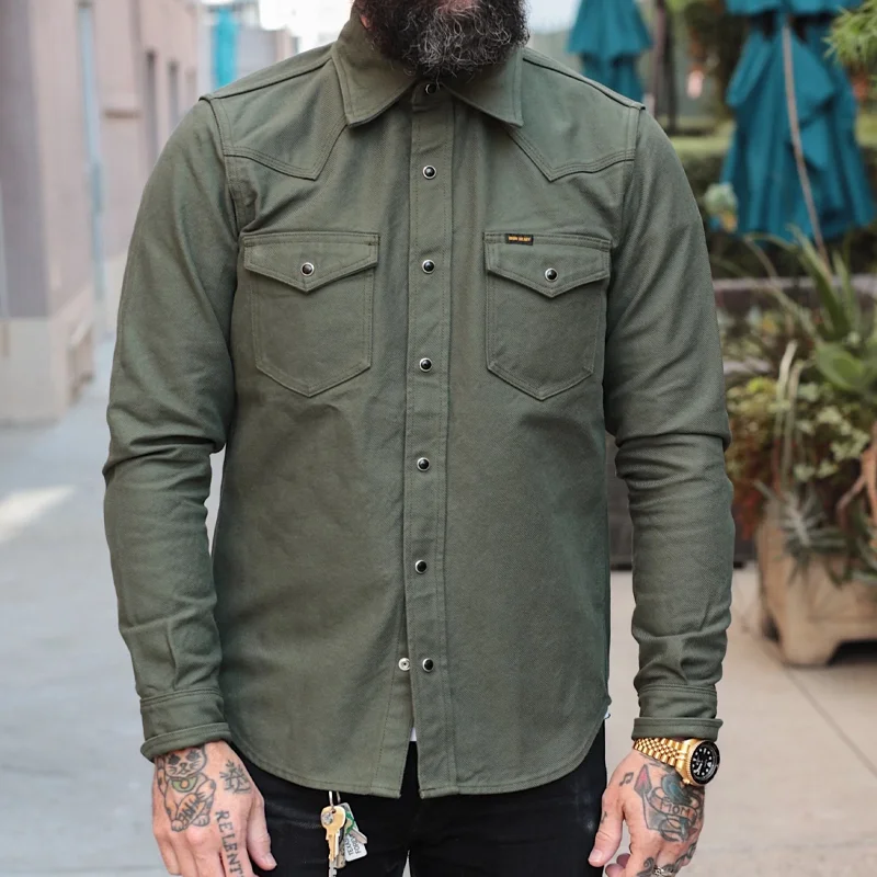 Western Olive Green 13OZ Military Cotton Casual Shirt