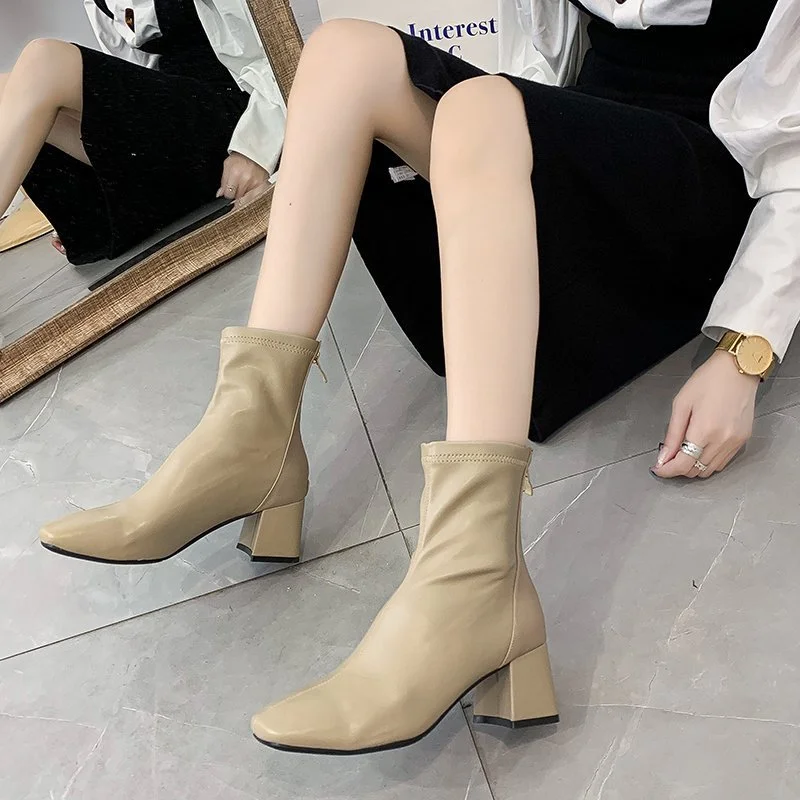 Online celebrity Martin boots for women British style 2024 autumn and winter new square toe chunky heel thin boots back zipper short boots for women Wholesale-MERUMOTE