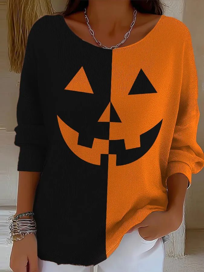 Women's Casual Pumpkin Expression Striped Round Neck Long Sleeve Top 