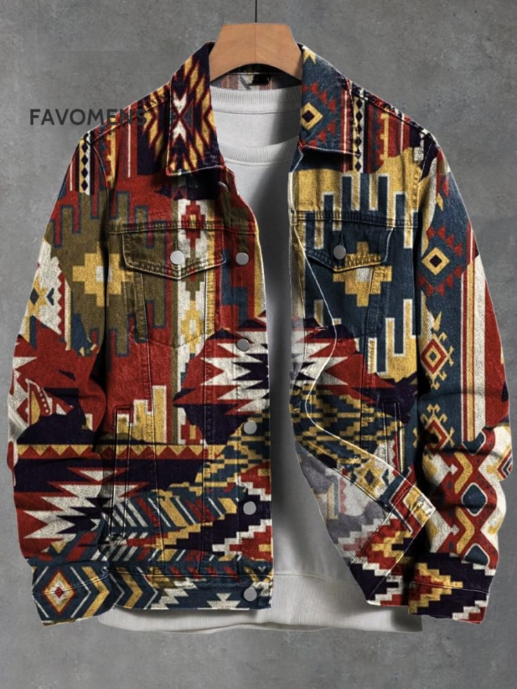 Vintage African Tribal Colorful Abstract Geometric Totem Art Print Casual Denim Jacket Multicolor /
