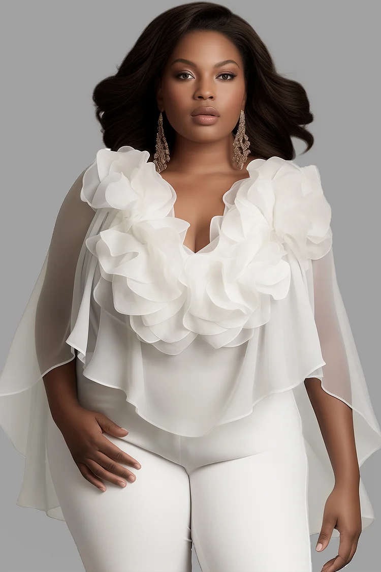 Xpluswear Design Plus Size Business Casual White V Neck Half Sleeve 3D Elegant See Through Chiffon Blouses [Pre-Order] 2024 - Xpluswear