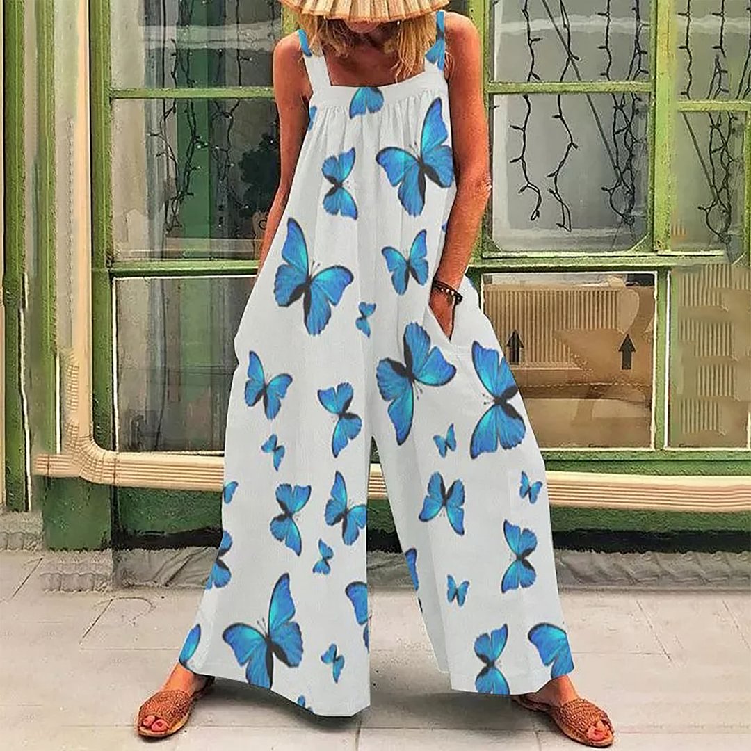 Butterfly Printed Loose Waistband Wide Leg Jumpsuit