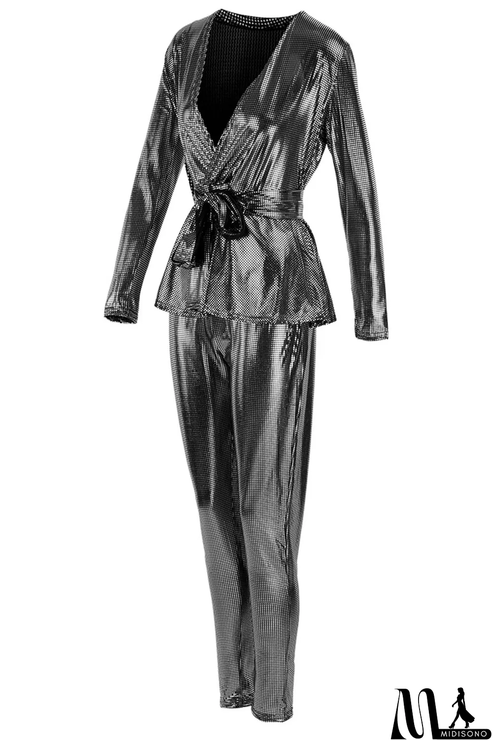 MidiSono - Black Fashion Slim Long-Sleeve V-Neck Two-Piece Set