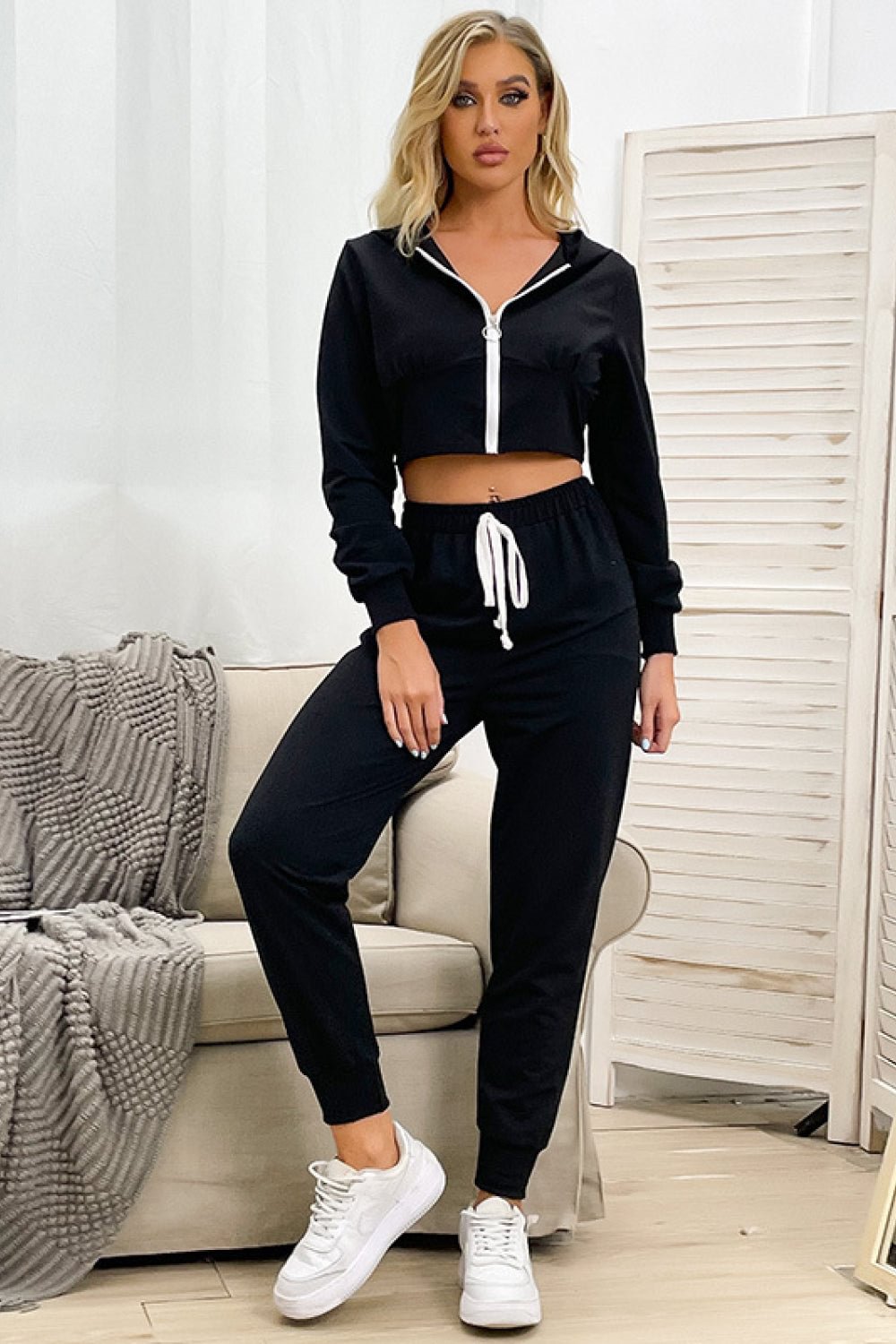 Zipper Front Crop Hoodie and Pants Set MusePointer