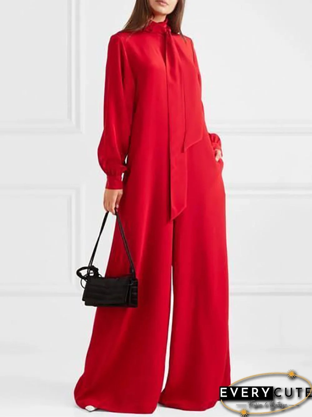 Urban Loose Puff Sleeves Solid Color Stand Collar Jumpsuits