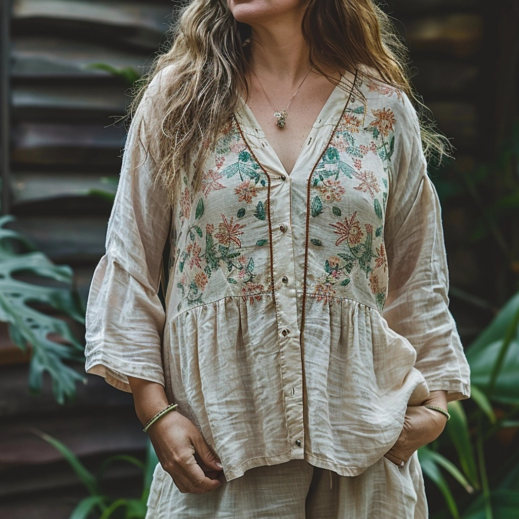 Women's Bohemian Mini Flower Print Breathable Long-sleeved Shirt