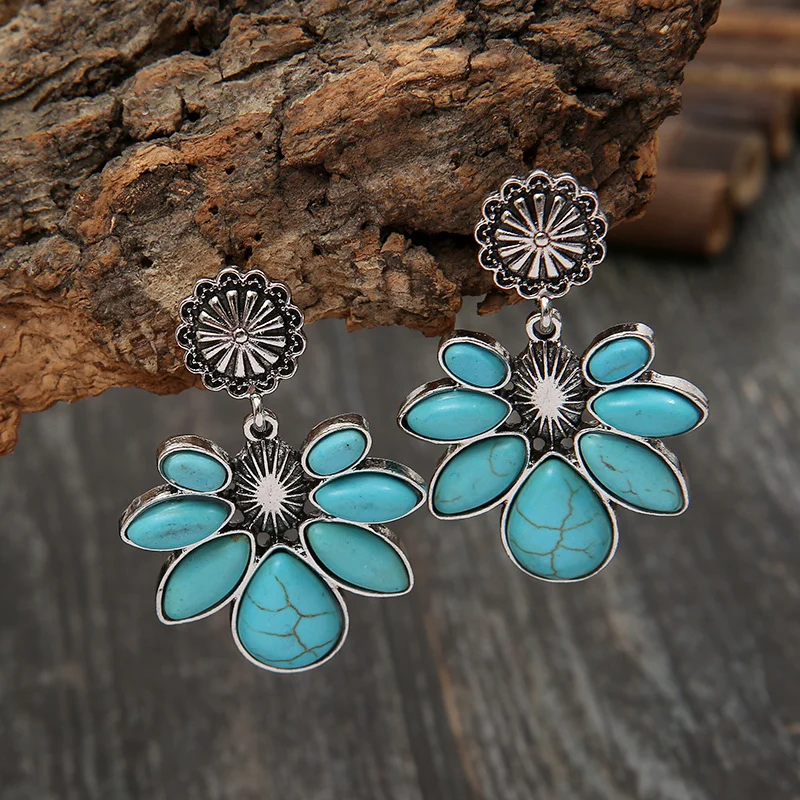 Vintage Boho Flower Drop Turquoise Earrings