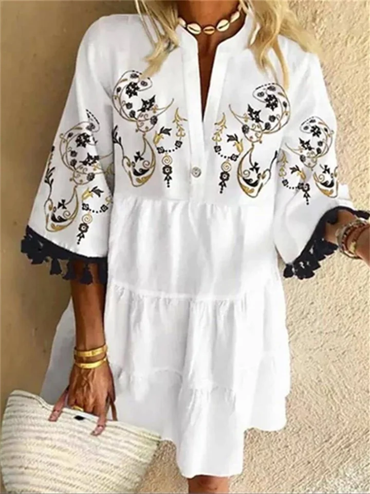 Playful Temperament Print Tassel V-neck Short Dress White S-3XL-Cosfine