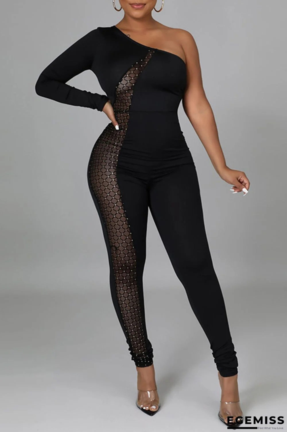 Black Sexy Casual Patchwork See-through Oblique Collar Skinny Jumpsuits | EGEMISS