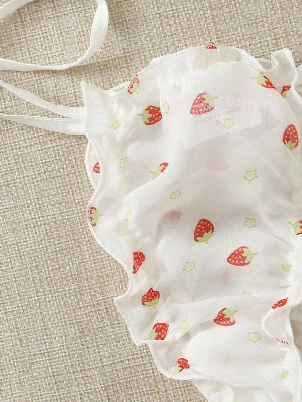 Porno Women's Sexy Lingerie Mesh Bra Set Off Shoulder Ruffle Underwear Cute Wireless Transparent Bralette Thong Intimates