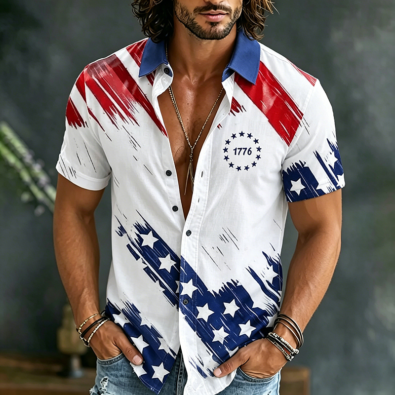 Men's Vintage Flag Art Print Flowy Linen Blend Short Sleeve Shirt Westsshops