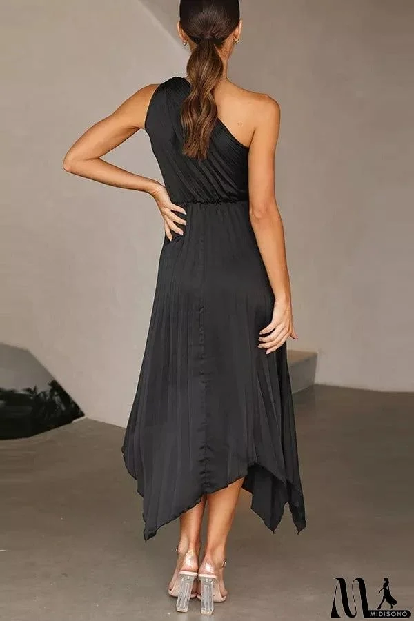 MidiSono - Satin One Shoulder Pleated Midi Dress
