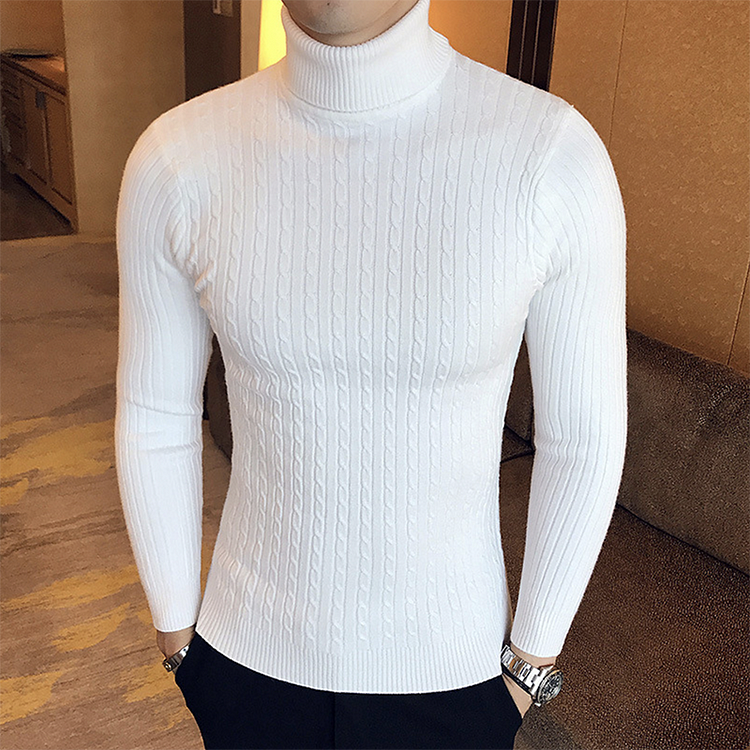 BrosWear Men's Turtleneck Slim Fit White Wool Sweater