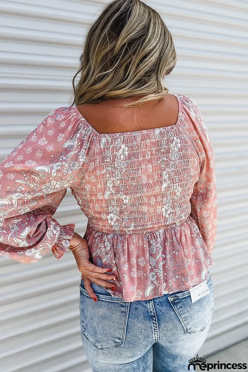 Bohemian Print Puff Sleeve Curvy Peplum Blouse