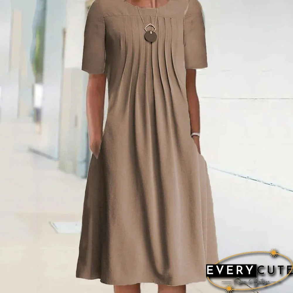 Summer Solid Color Bech Dress Round Neck Pullover Short Sleeve Midi Dress Women's Casual Loose Dress Vestidos De Mujer