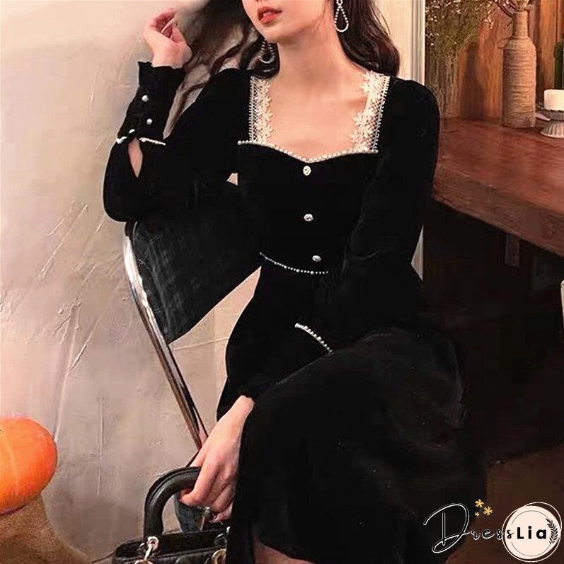 Back to College Winter Vintage Black Velvet Dress Women Casual Elegant Long Sleeve Gothic Party Midi Dress Female One-piece Dress Korean