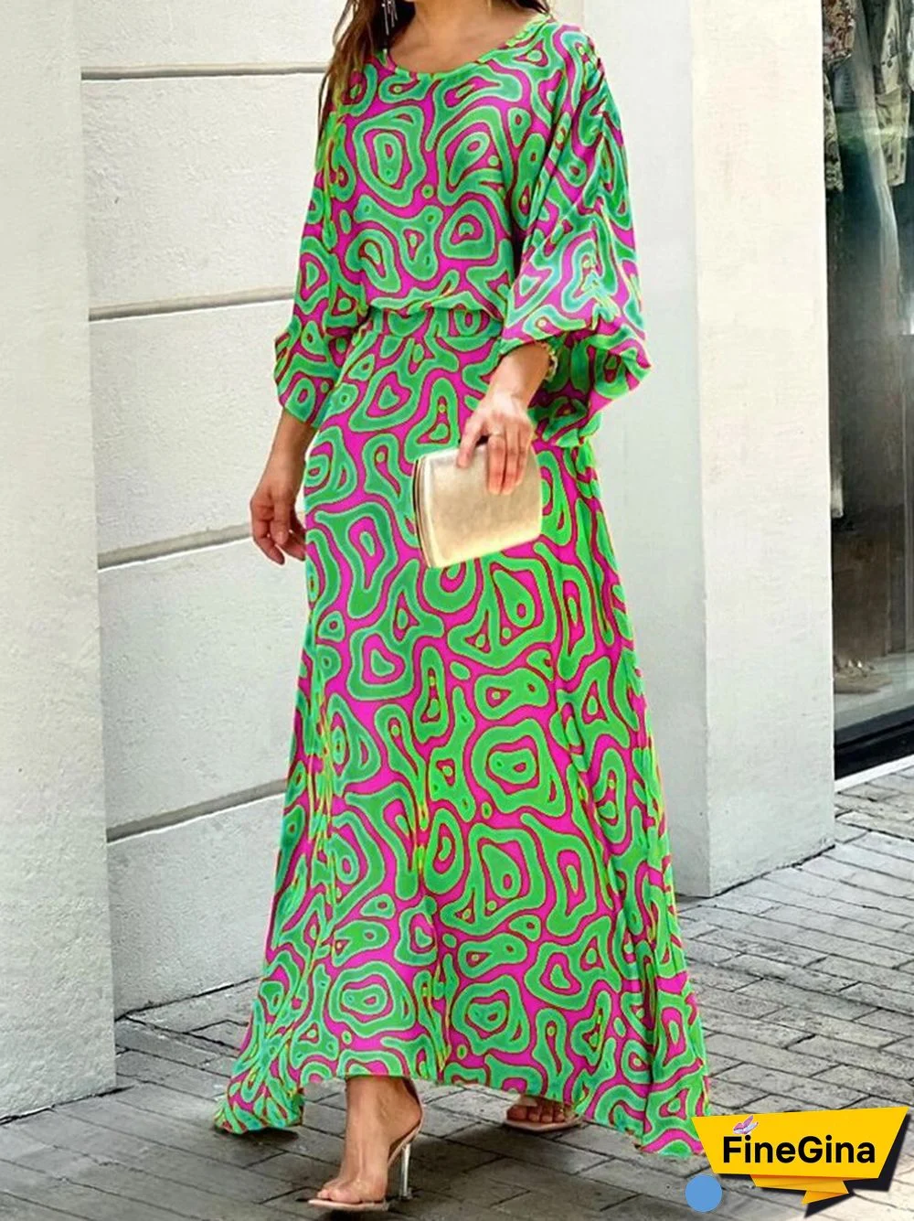 Ladies Spring Fashion Two Piece Sets Retro Long Sleeve O Neck Top + High Waist Long Skirt Suit Feminine Loose Printed Skirt Suit