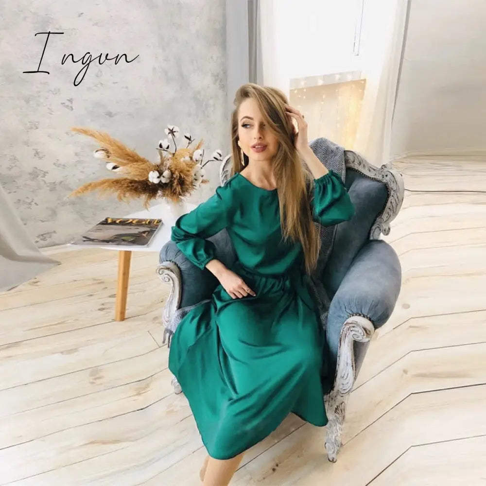 Ingvn - Elegant Vintage Sashes Satin A - Line Dress Women Autumn New Lantern Sleeve O Neck Solid