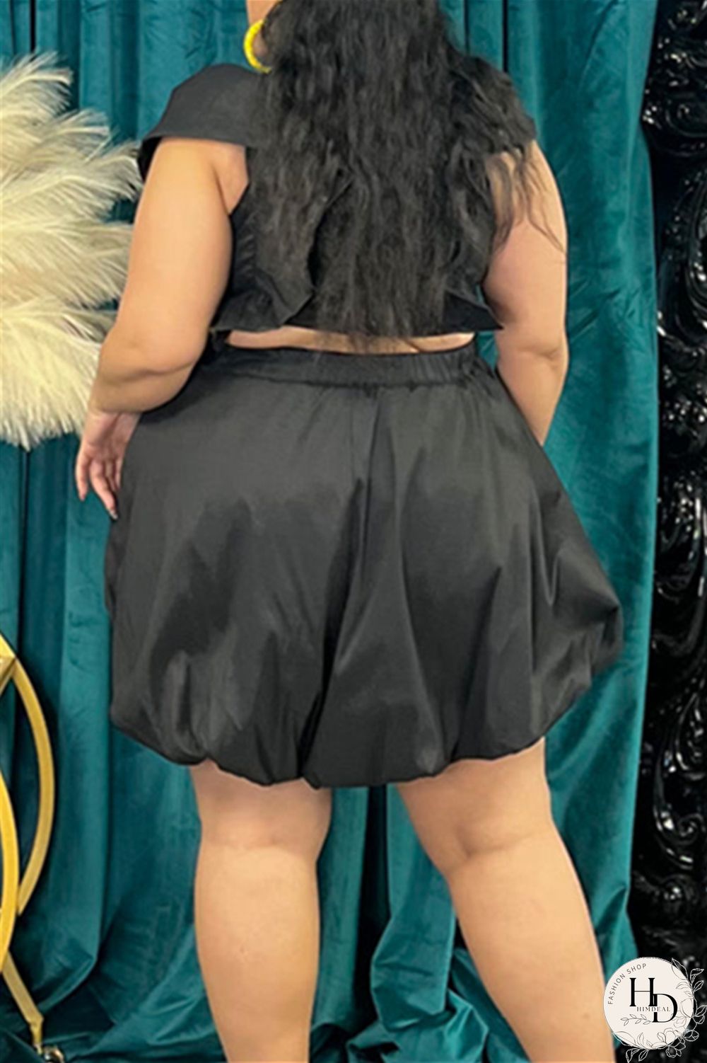 Black Plus Size Casual Sweet Solid Hollowed Out Flounce V Neck Bud