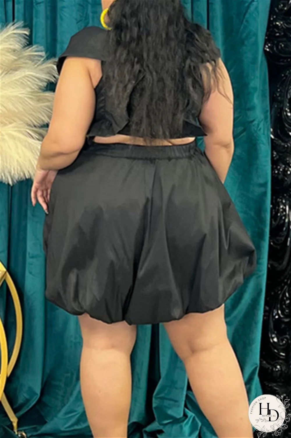 Black Plus Size Casual Sweet Solid Hollowed Out Flounce V Neck Bud