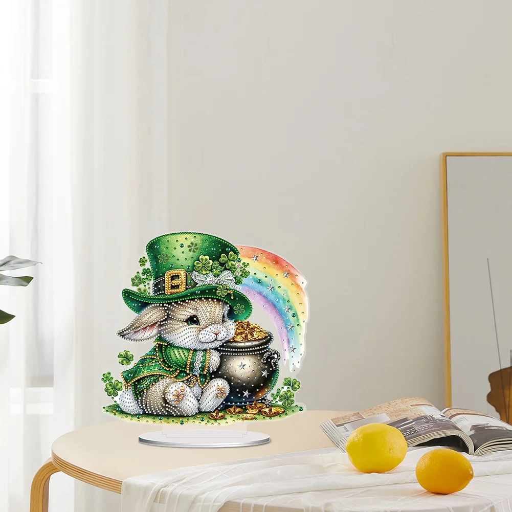 DIY Acrylic St. Patricks Day Rabbit Special Shape Diamond Painting Tabletop Ornament Creative Home Decor & Gift Idea for Adults - Relaxing Craft Activity