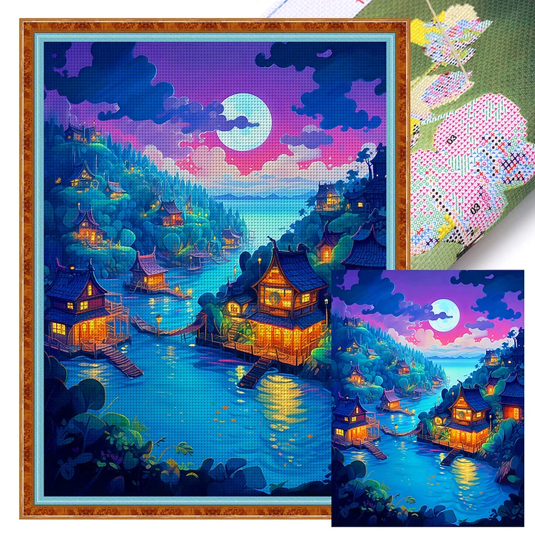 【Huacan Brand】Moonlight River House 11CT Stamped Cross Stitch 50*65CM