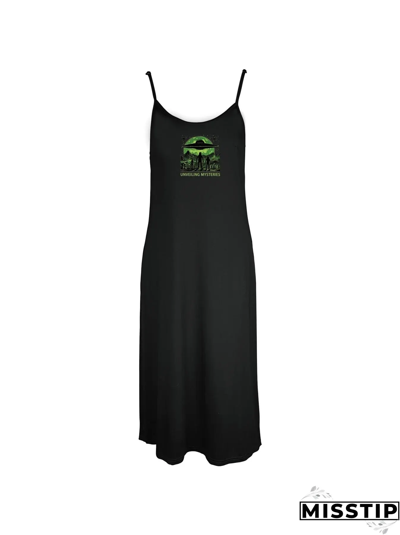 Intriguing UFO and mysterious figures graphic print spaghetti strap dress casual