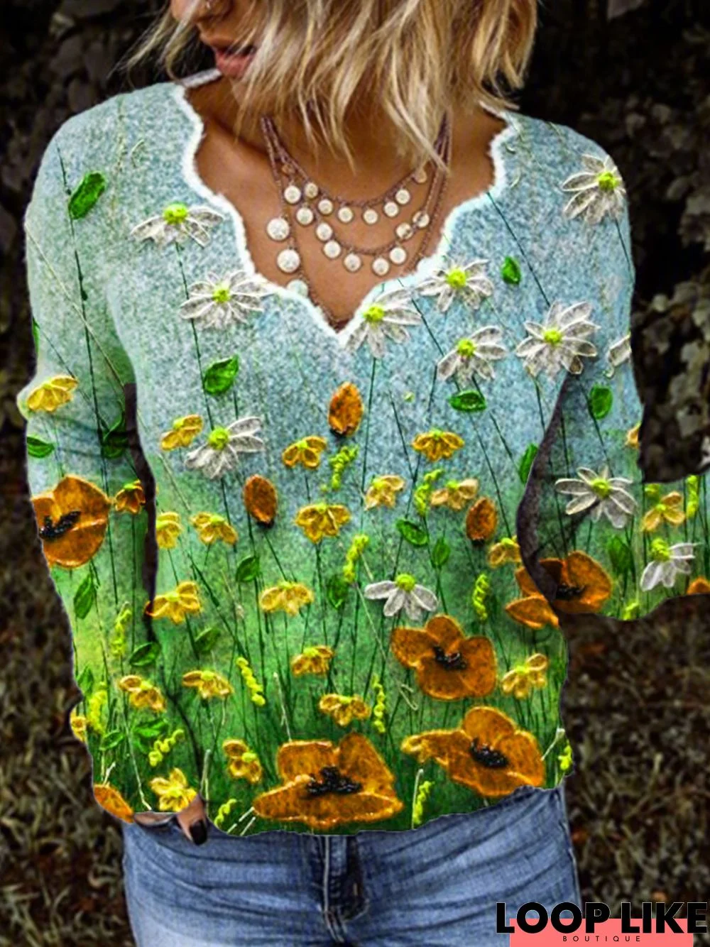 New Women Fashion Casual Floral Vintage Long Sleeve V Neck shirt Top