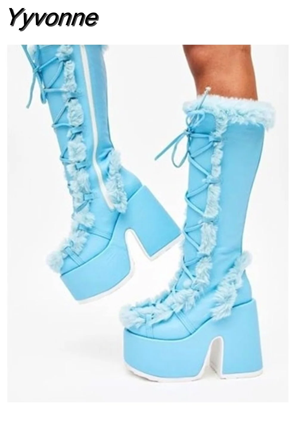 Yyvonne White Fur High Platform Boots High Chunky Heel Round Toe Mid Calf Boots Elegant Women Casual Outfit Winter Cross Tied Shoes 715-1