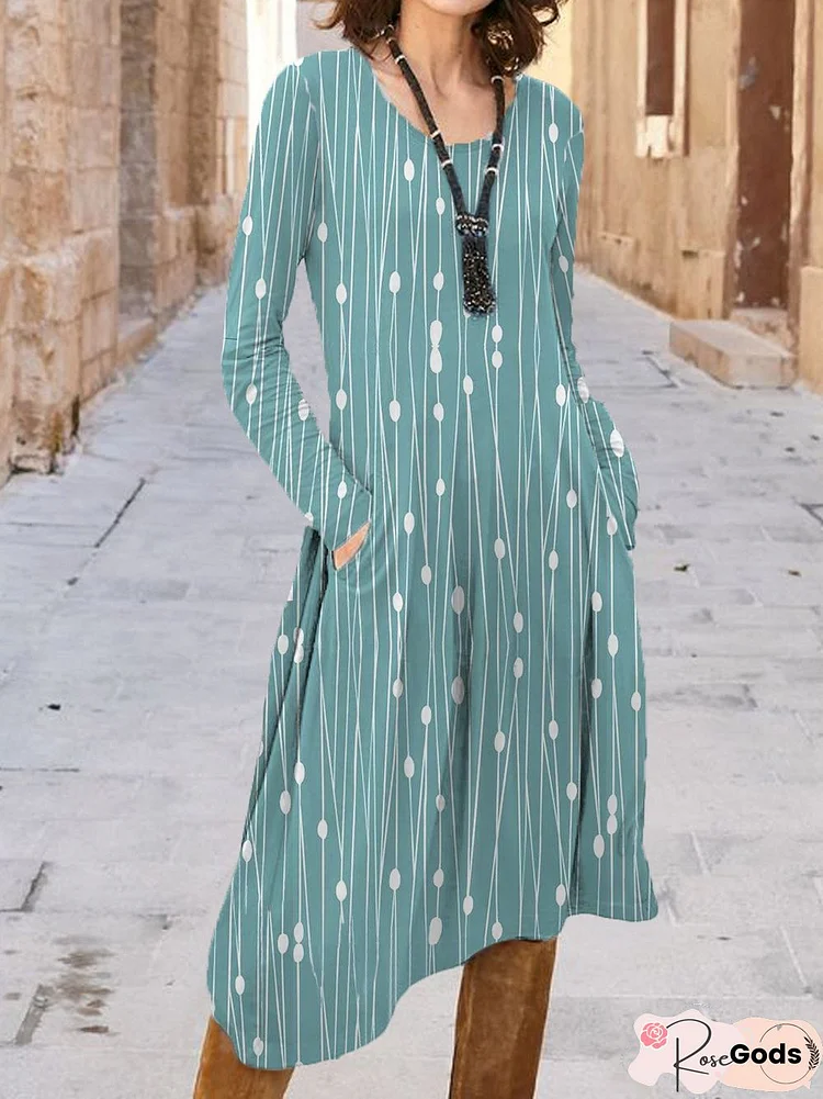 Crew Neck Loose Sage Geometric Dresses