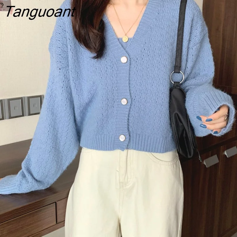 Tanguoant Autumn Women Knitted Two Piece Set Long Sleeve Loose Knitted Cropped Cardigan + Spaghetti Strap Camisole Top Clothing Set