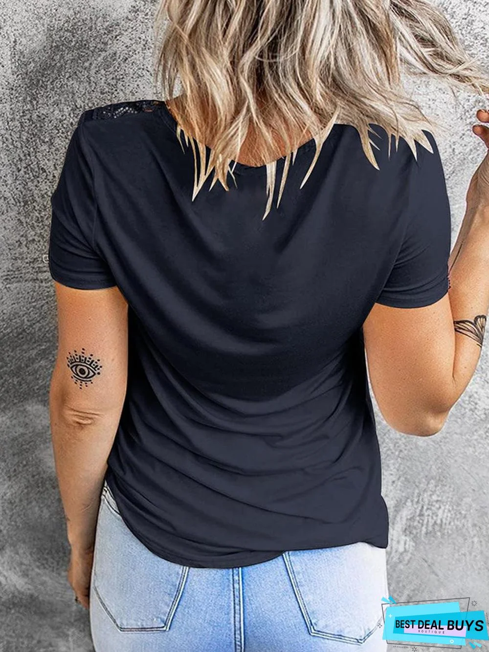 Lace Top Crew Neck Short Sleeve Summer Loose Tee Casual T-Shirt