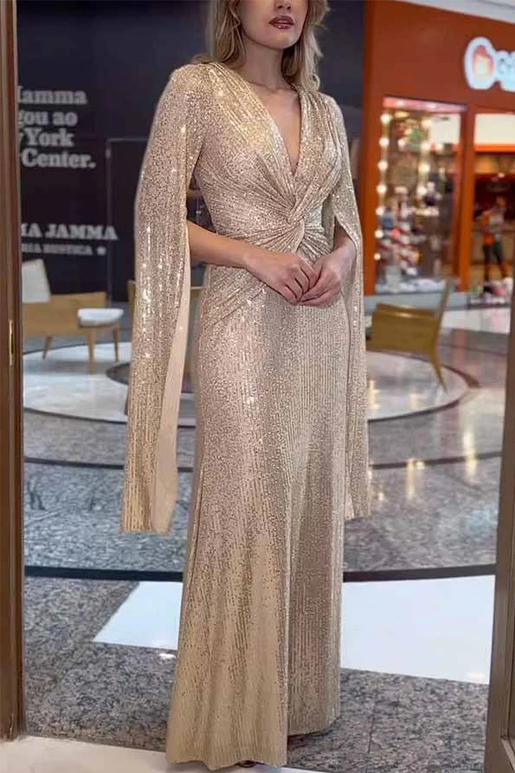 Evening Gown Champagne Sequin Cape Sleeve V Neck Knot Front Maxi Dress