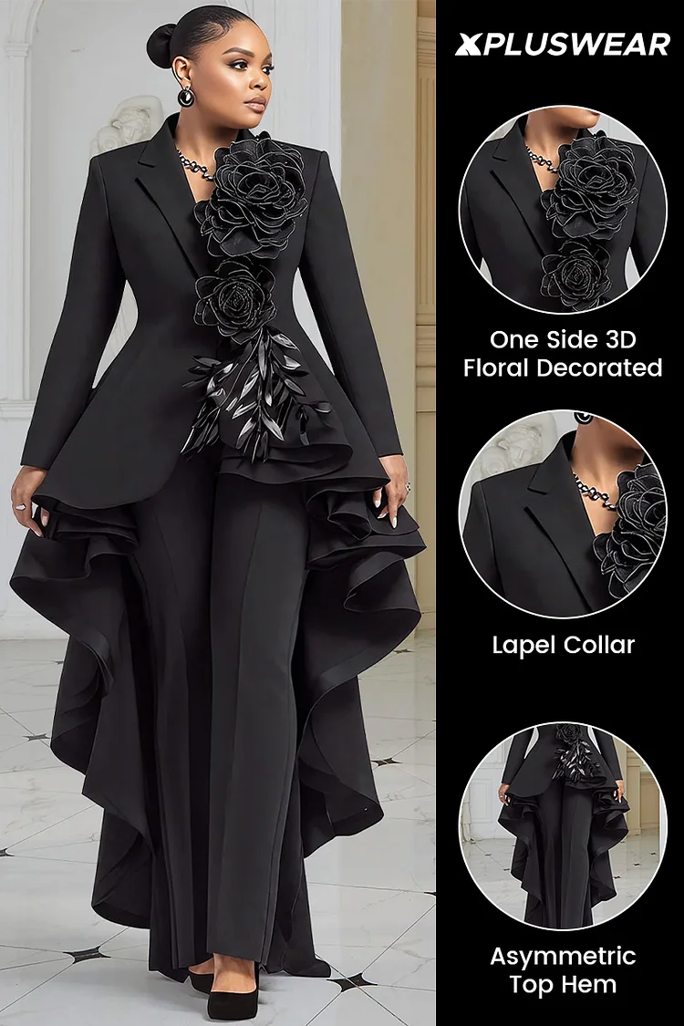 Xpluswear Design Plus Size Wedding Guest Black Lapel Collar Long Sleeve Asymmetric Hem Elegant 3D Two Piece Pant Suits [Pre-Order]