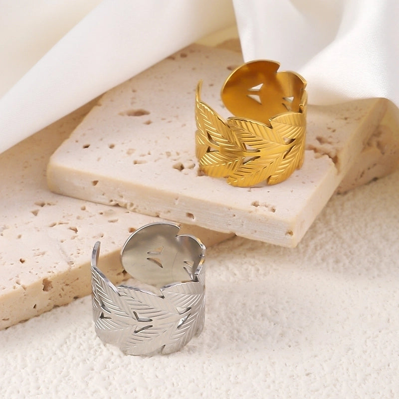 Elegant Leaves Titanium Steel Open Rings