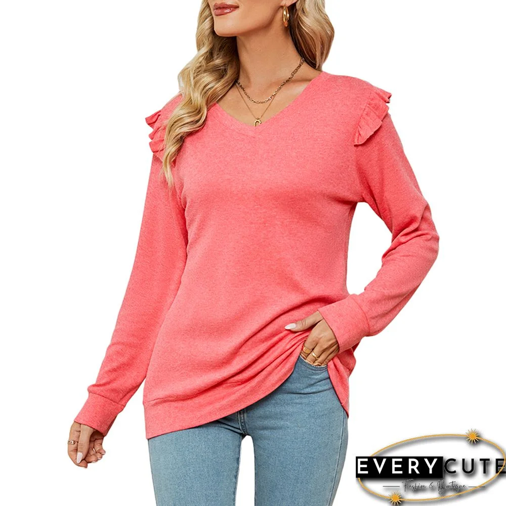 Pink Ruffled Long Sleeve V Neck Tops