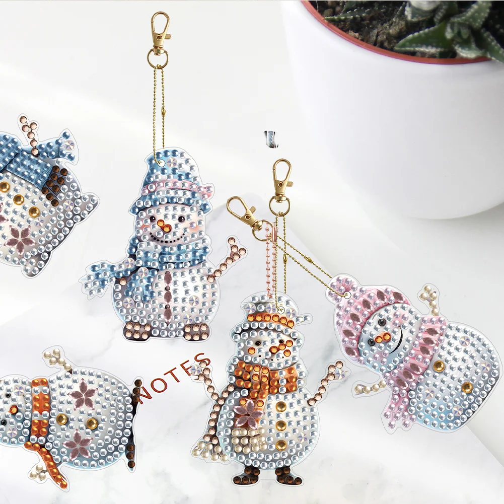 6pcs DIY Snowman Diamond Art Key Rings Double Sided Keychain Supplies Gift for Kids
