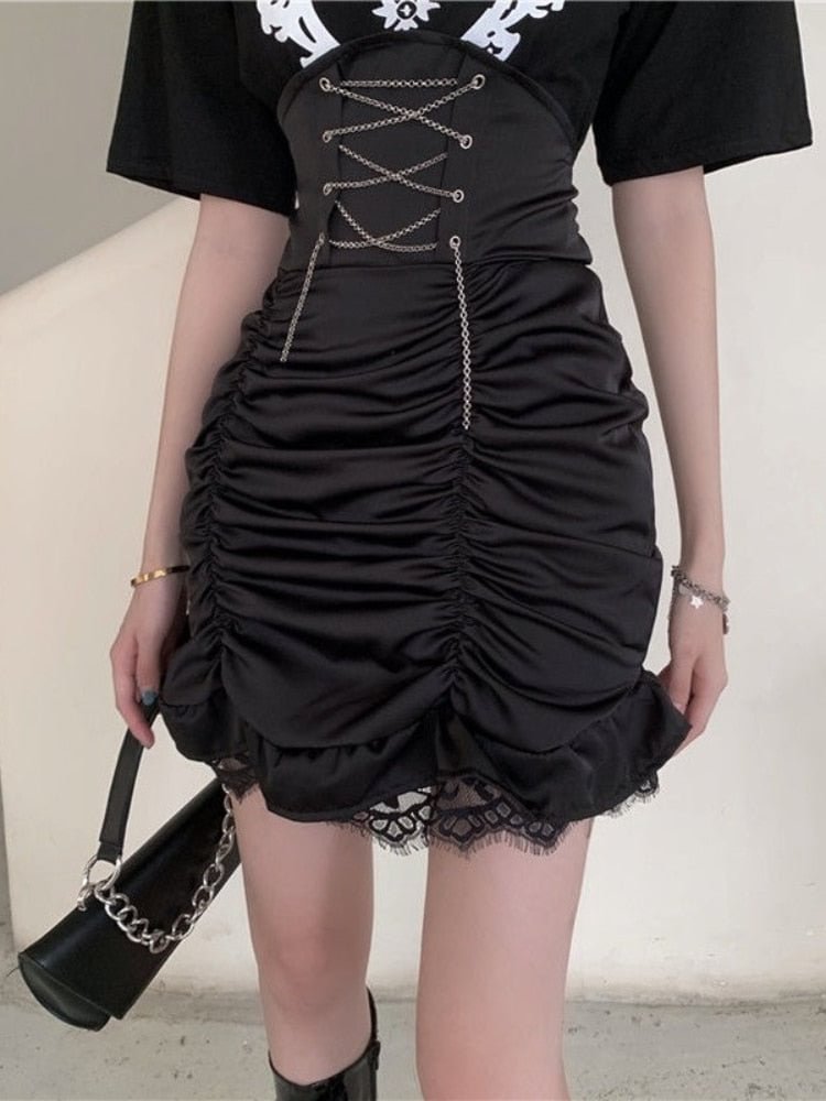 HOUZHOU Mall Goth Lace Wrap Skirt Women Sexy Gothic Punk Black Shirring Lace-up High Waist Mini Skirts Dark Academia Alt Summer