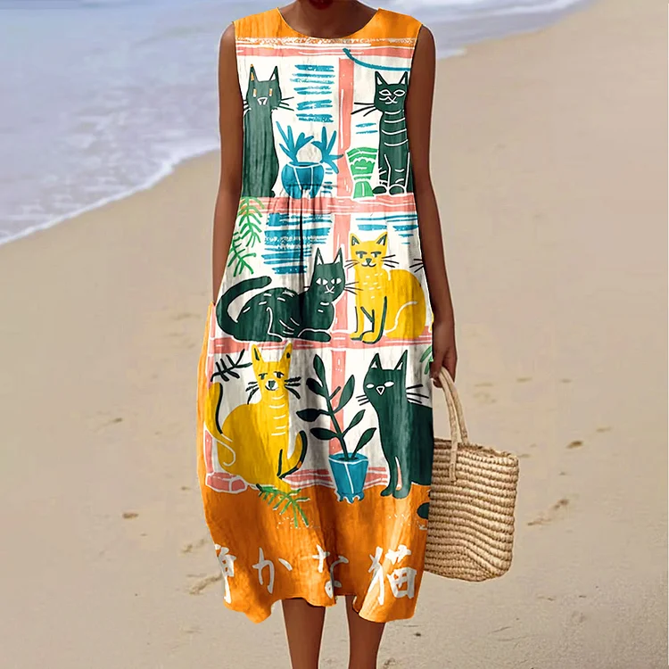 Women's Vintage Floral Cat Art Print Sleeveless Cotton Pocket Wrap Dress